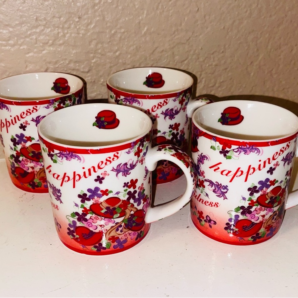Red Hat Society PINK CHINTZ Paul Cardew Designs COFFEE CUPS Lot of 4